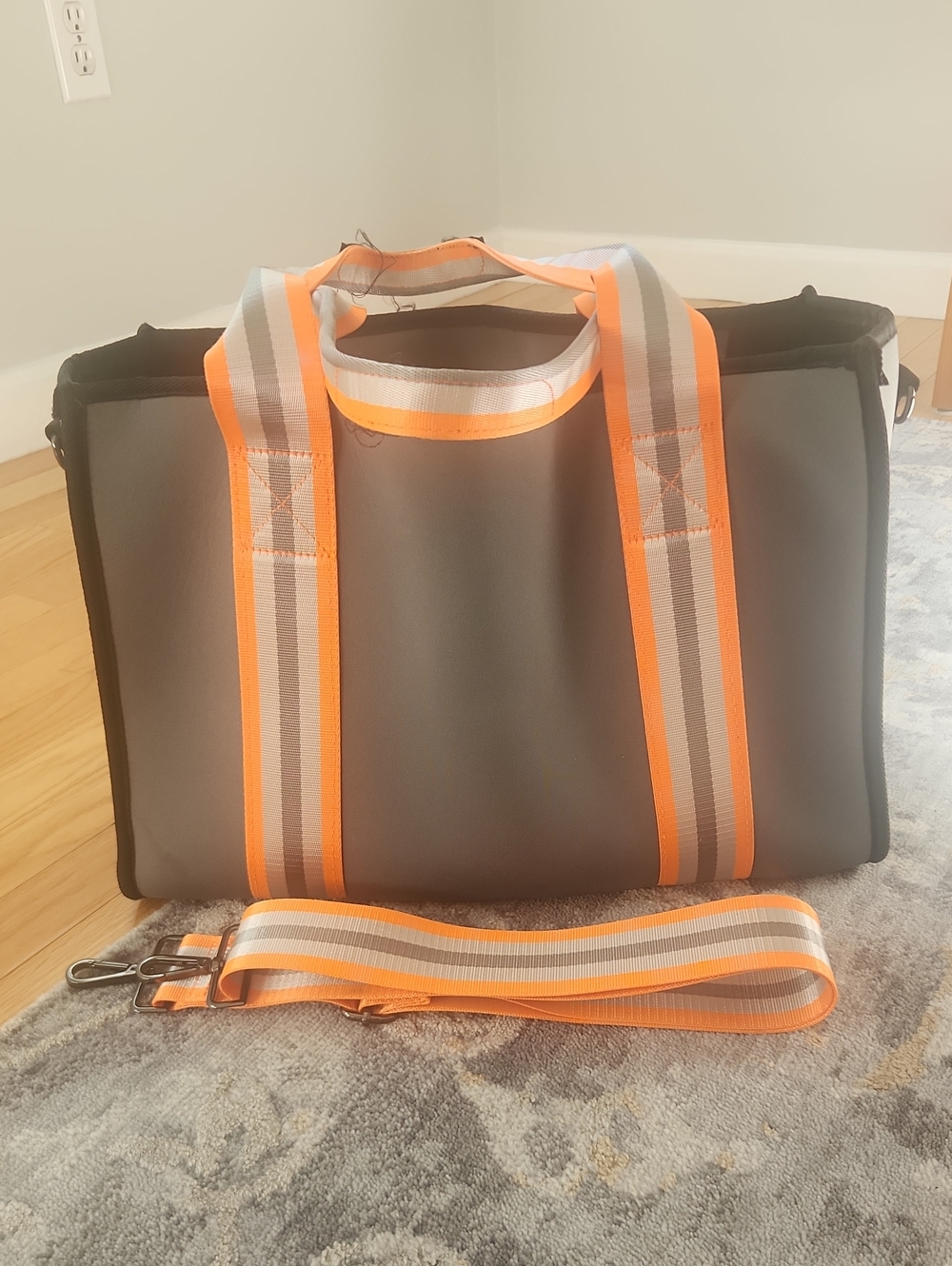 Haute Shore Gray and Orange Stripe Carry Bag, Comes With Ling Strap Too